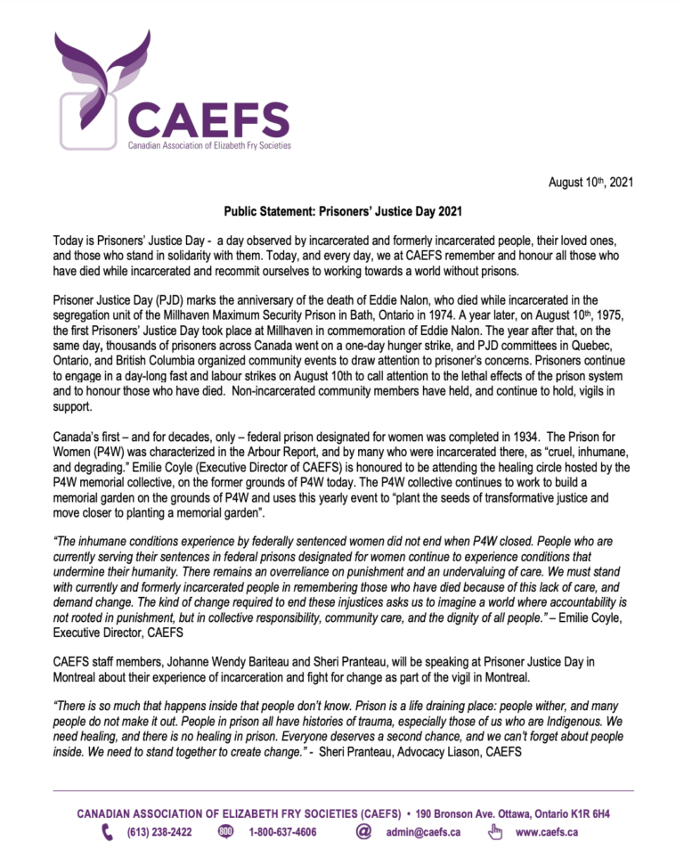 A screenshot of a public statement by CAEFS for Prisoners' Justice Day 2021.