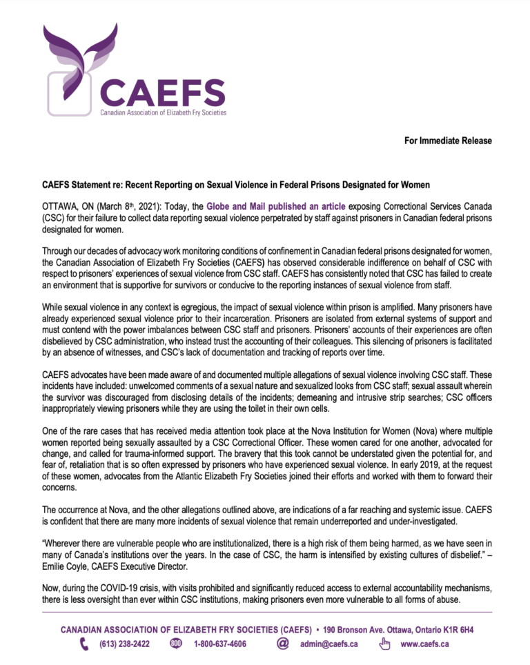A screenshot of a statement by CAEFS regarding sexual violence in federal prisons for women.