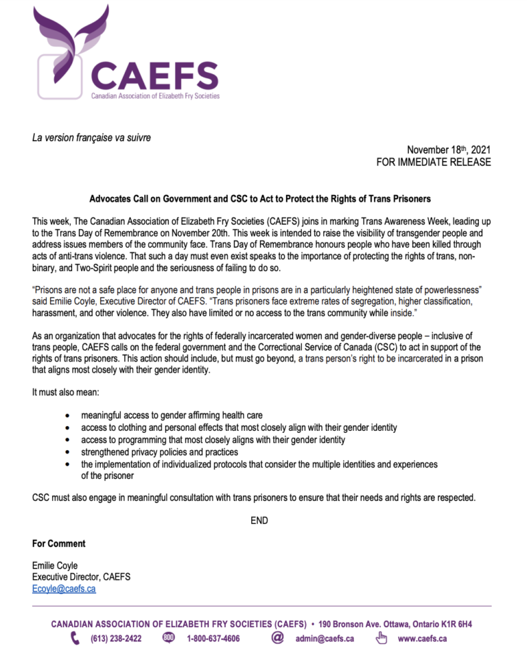 A screenshot of the CAEFS public statement and call for action to protect the rights of trans prisoners.