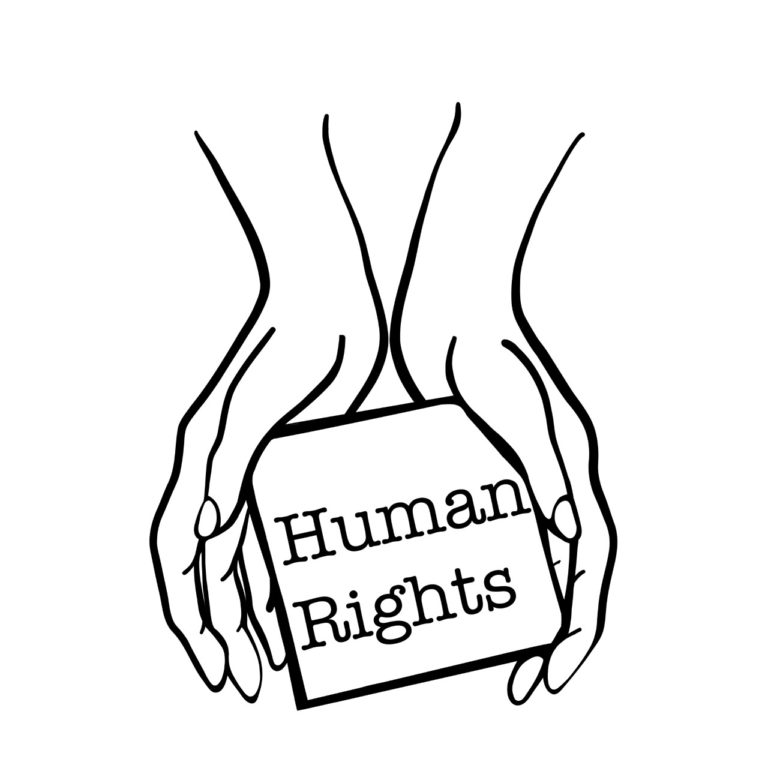A cartoon pair of hands hold a small sheet of paper that reads, "Human Rights"