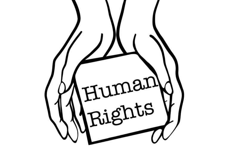 A cartoon pair of hands hold a small sheet of paper that reads, "Human Rights"
