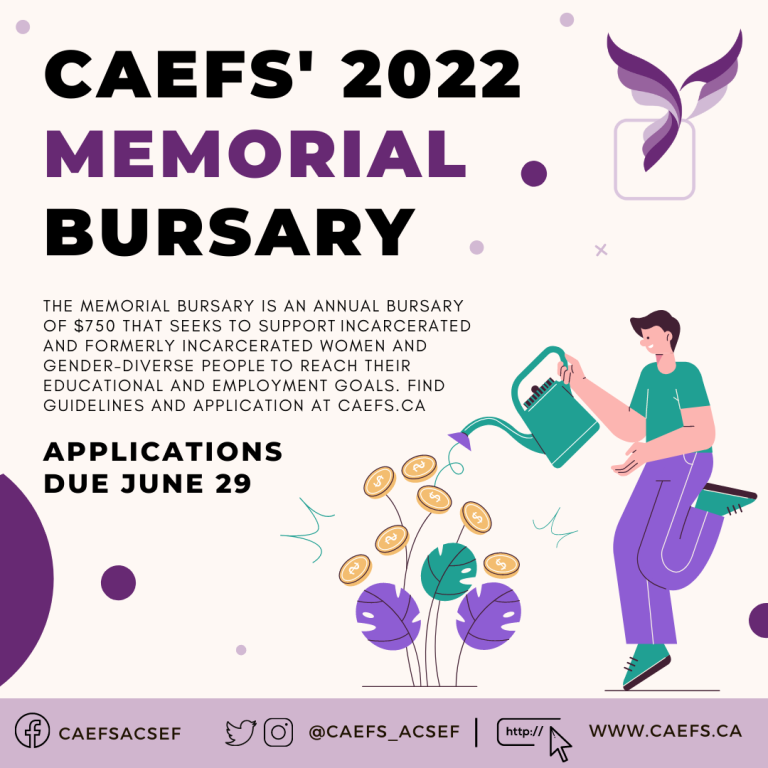 A cartoon image of a person watering a plant that are sprouting gold coins. The picture reads: "CAEFS 2022 Memorial Bursary. The Memorial Bursary is an annual bursary of $750 that seeks to support incarcerated and formerly incarcerated women and gender-diverse people to reach their educational and employment goals. Find guidelines and application at caefs.ca. Applications due June 29."